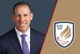  a middle aged man with a blue background, a strip of red next to him, and gold with EMS ISD Logo